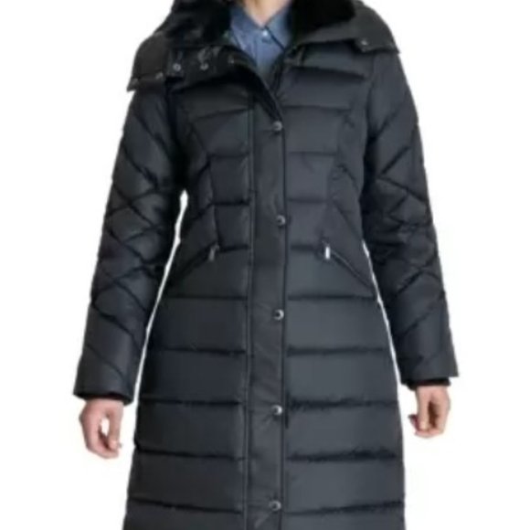 London Fog 1X Faux-Fur Collar Hooded Down Puffer Coat, Black, NWT
